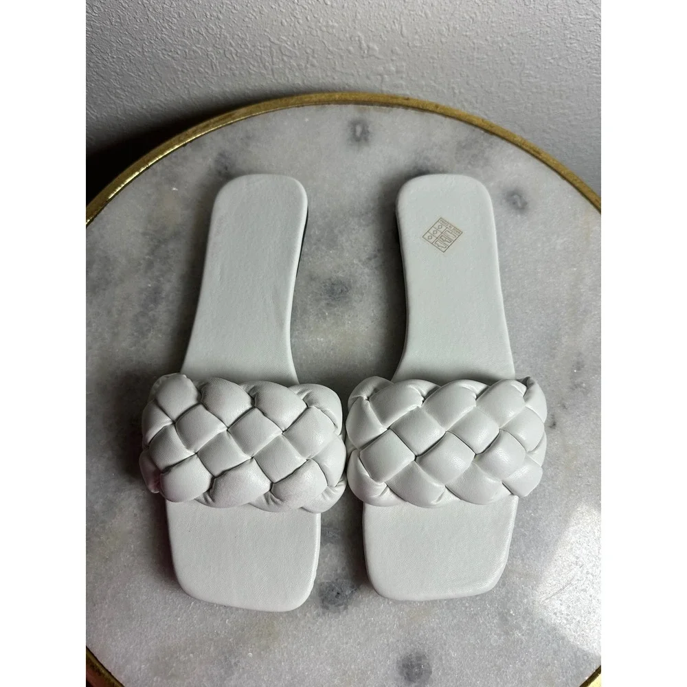 White Braided Square Toe Slide Sandals Flat Woven Strap Summer Shoes